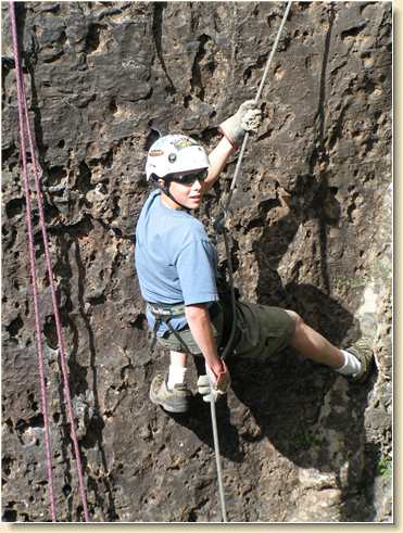 Andre Sage on his way down the cliff