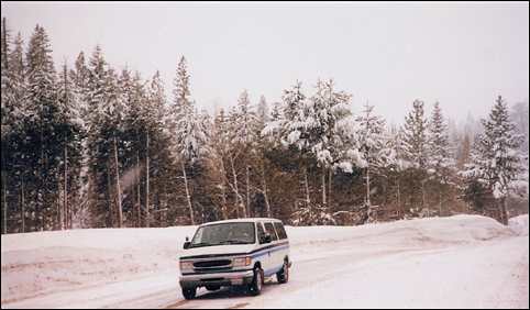 Adams' van in snow near Echo Summit, California