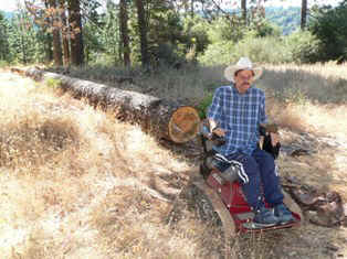 Fred in TracAbout pulling on pine log